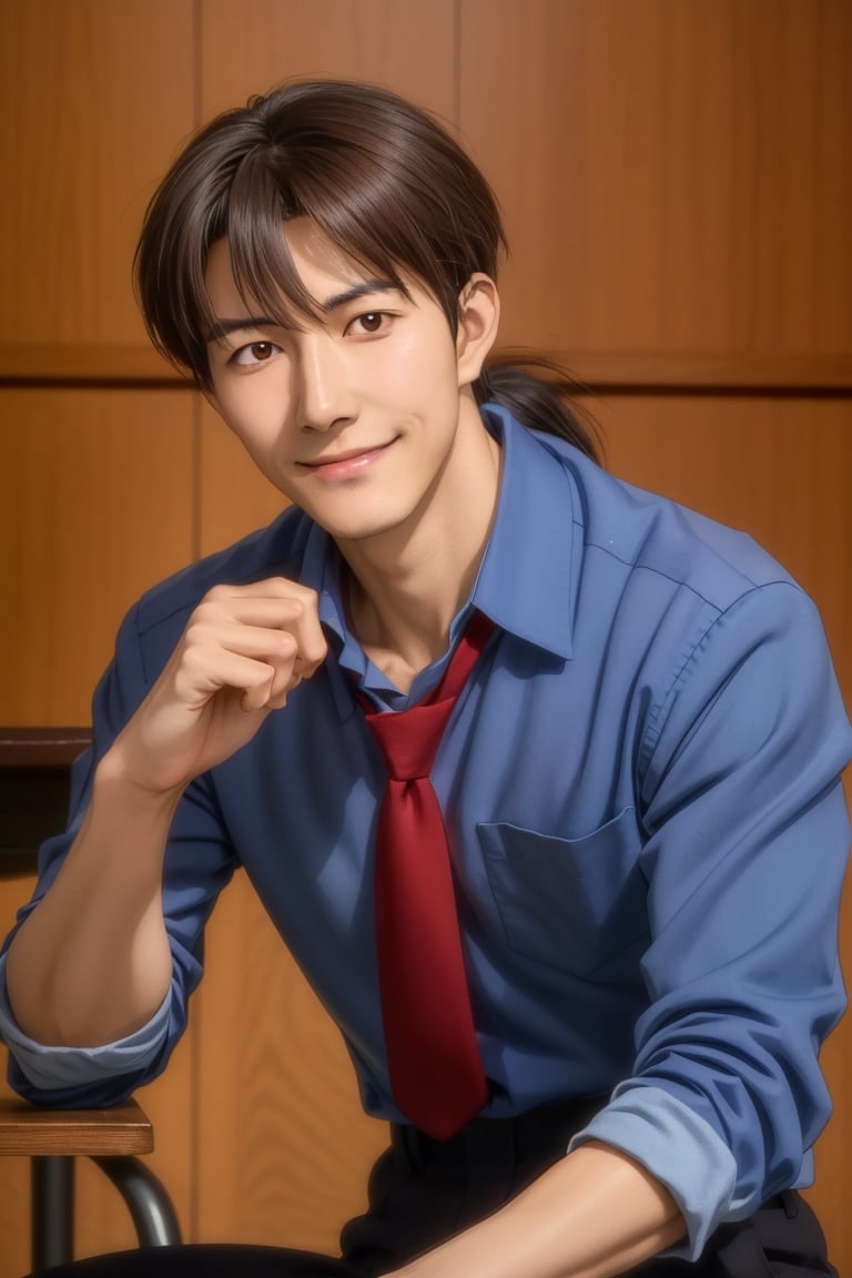 (1 image only), solo male, Ryoji Kaji, Neon Genesis Evangelion, Asian, Japanese, dark brown hair, bangs, short ponytail, dark brown eyes, (thin stubble), blue collared shirt, red sleeves rolled up, necktie, black pants, smile, (mature, masculine), handsome, charming, alluring, pov, upper body, table, perfect anatomy, perfect proportions, 2D, anime, (best quality, masterpiece), ((perfect eyes, perfect eye pupil)), perfect hands, high_resolution, dutch angle