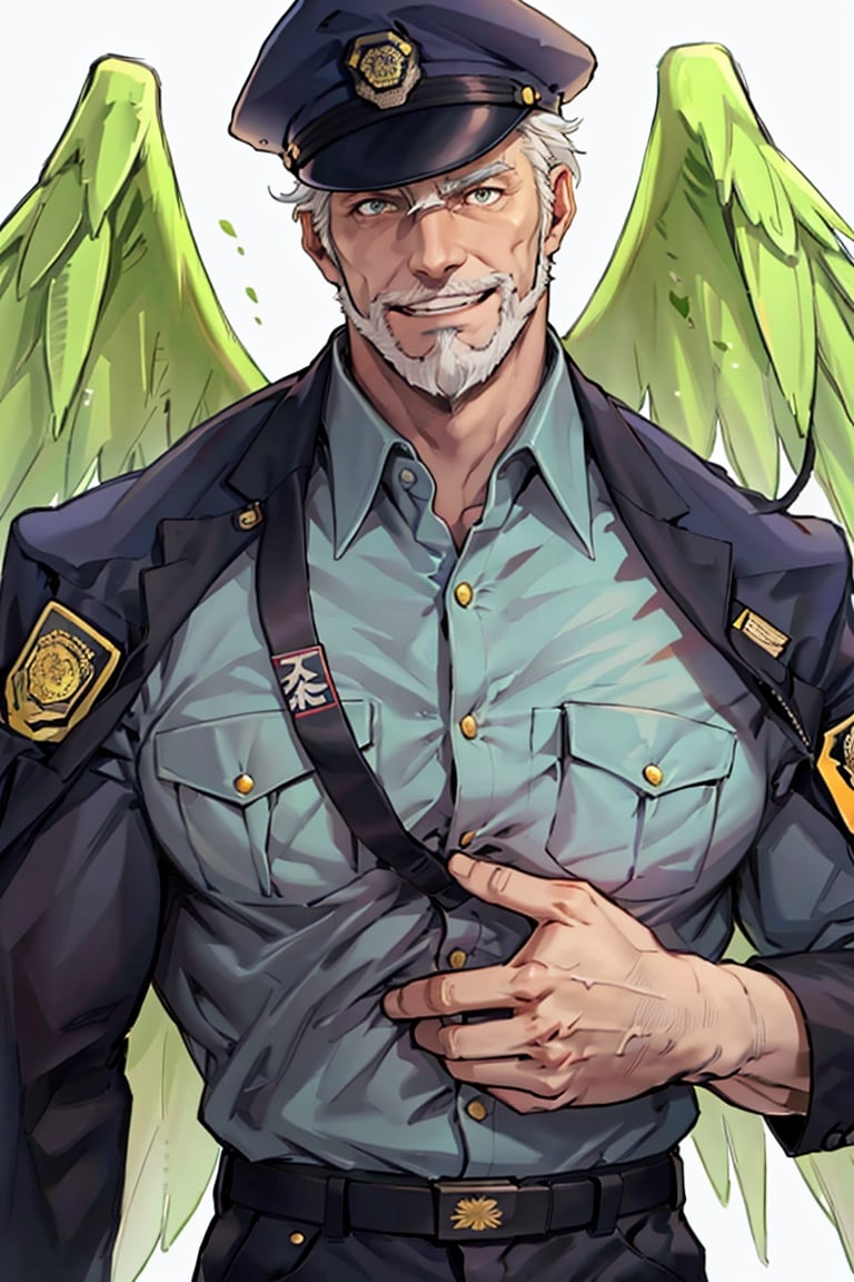 (1 image only), solo male, bara, Hogen, Tokyo Afterschool Summoners, Asain, Japanese, Tengu, old man, white hair, short hair, gold eyes, thick eyebrows, white facial hair, white beard, Japanese police uniform, Japanese police hat, pure aqua-color collared shirt, pure aqua-color sleeves, (black jacket on shoulders), grin, mature, handsome, charming, alluring, standing, upper body in frame, perfect anatomy, perfect proportions, 2D, anime, (best quality, masterpiece), (perfect eyes, perfect eye pupil), high_resolution, dutch angle, (Tokyo city street), better_hands, perfect fingers, green wings,best quality