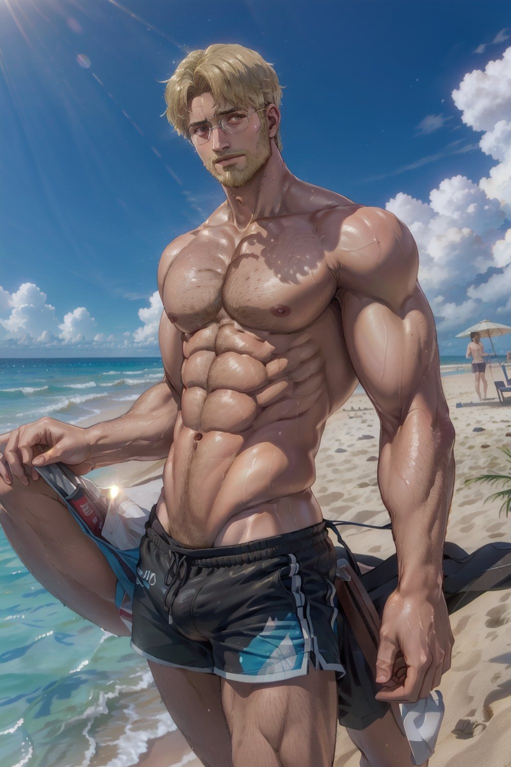 solo, 1boy, navel, nipples, male focus, outdoors, sky, shorts, day, cloud, wet, muscular, beach, abs, pectorals, muscular male, bara, large pectorals, palm tree, bare pectorals, chest hair, male swim brief, small and tight and triangle shape speedo, HQ, photorealistic, masterpiece:1.5, best quality, beautiful lighting, realistic, real image, intricate details, everything in razor sharp focus, perfect focus, perfect face, extremely handsome, Photograph, masterwork, supreme resolution, 32K, ultra-defined ,(MkmCut),(1man),perfecteyes, facing sunlight, sunny, bright ambience, relax, sexy, charming, alluring, seductive, bright sun light, midday,perfect light, lying down on beach,excessive sweaty, pov, Portrait,  ,zeke_yeager, glasses