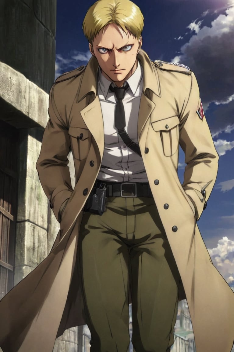 solo male, Reiner Braun, Attack on Titan, blond hair, short hair, facial hair, stubble, hazel eyes, tall, Marleyan soldier uniform, white collared shirt, light-brown trench coat, (open coat:1.1), military green pants, black combat boots,  handsome, charming, alluring, standing, upper body, perfect anatomy, perfect proportions, best quality, masterpiece, high_resolution, dutch angle, cowboy shot, photo background