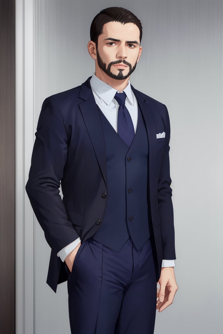 solo male, Maeda, Asobi Asobase, butler, black hair, short hair, black eyes, facial hair, dark blue 3 Piece Suit, formal, white collared shirt, red necktie, (dark blue vest),  dark blue jacket, dark blue pants, mature, handsome, charming, alluring, calm, polite, (close-up, portrait), perfect anatomy, perfect proportions, best quality, masterpiece, high_resolution, (front view, looking_at_viewer)