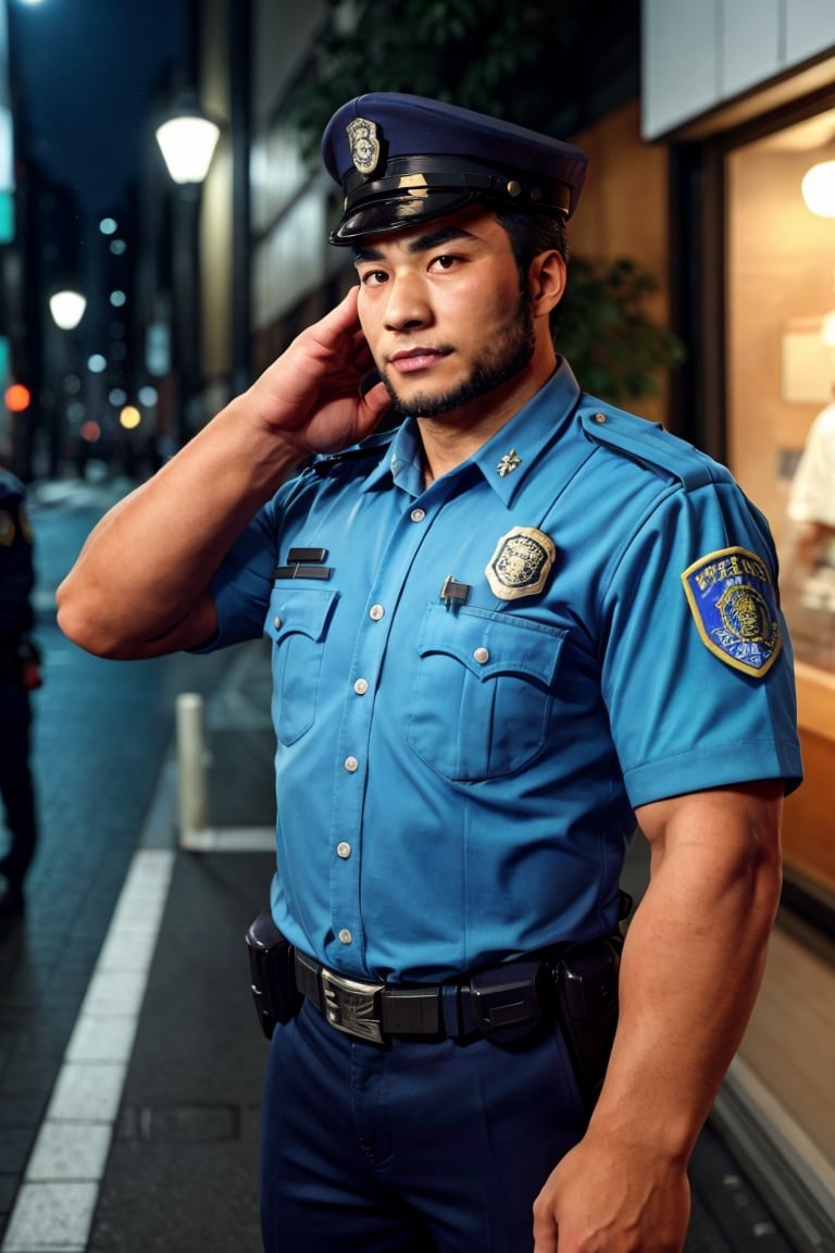 (1 image only), solo male, bara, Tajikarao, Tokyo Afterschool Summoners, Asain, Japanese, dark hair, short hair, thick eyebrows, sideburns, facial hair, beard, fangs. Japanese police uniform, Japanese, police hat, aqua-color collared shirt, black pants, mature, handsome, charming, alluring, standing, upper body in frame, perfect anatomy, perfect proportions, 2d, anime, (best quality, masterpiece), (perfect eyes, perfect eye pupil), high_resolution, dutch angle, Tokyo city street, better_hands, salute, red hands, Shide 
,perfecteyes, black eyes