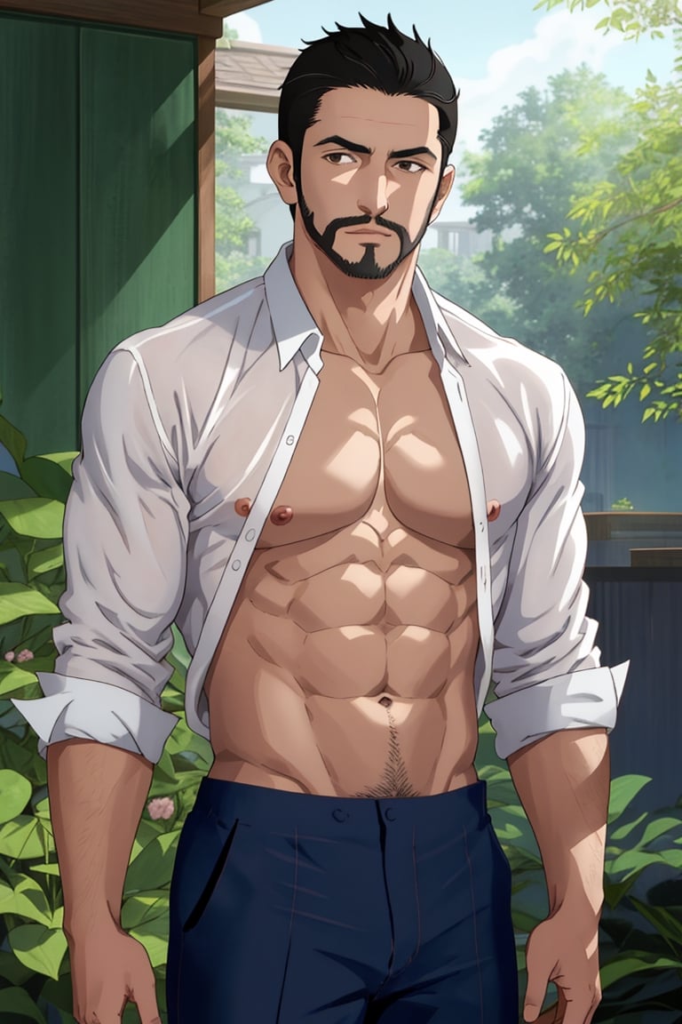 solo male, Maeda, Asobi Asobase, butler, black hair, short hair, black eyes, facial hair, white collared shirt, (open shirt, bare neck, bare chest, bare belly), dark blue pants, mature, handsome, charming, alluring, calm, polite, standing, upper body, perfect anatomy, perfect proportions, best quality, masterpiece, high_resolution, cowboy shot, mansion garden, photo background , view from front 
