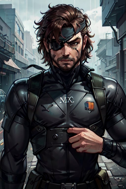 (1 image only), solo male, 1boy, Big Boss, Metal Gear Solid, bslue eyes, brown hair, facial hair, (eyepatch, grey headband:1.2), sneaking suit, handsome, mature, charming, alluring, upper body in frame, perfect anatomy, perfect proportions, 8k, HQ, (best quality:1.2, hyperrealistic:1.2, photorealistic:1.2, masterpiece:1.3, madly detailed photo:1.2), (hyper-realistic lifelike texture:1.2, realistic eyes:1.2), high_resolution, perfect eye pupil, dutch angle, dynamic, action, raining, night