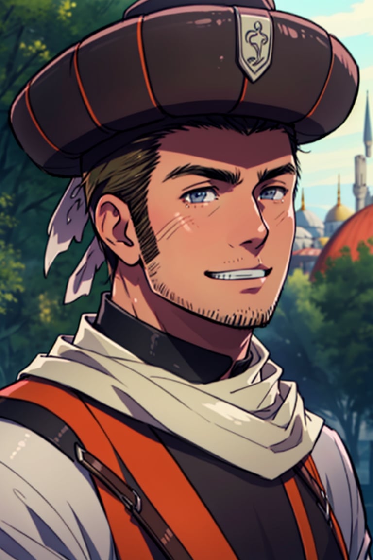 (1 image only), (solo male), 1boy, Sadik Adnan, Turkey, Hetalia: Axis Powers, Turkish male, olive-skinned, facial hair, chinstrap stubble, sideburns, brown hair, short hair, grin, red tunic, white sleeves, ( Ottoman Kavuk hat), scarf, handsome, mature, charming, alluring, portrait, upper body, perfect anatomy, perfect proportions, 8k, HQ, (best quality:1.2, hyperrealistic:1.2, photorealistic:1.2, masterpiece:1.3, madly detailed photo:1.2), (hyper-realistic lifelike texture:1.2, realistic eyes:1.2), high_resolution, perfect eye pupil, (standing), perfecteyes, Hagia sophia, Istanbul loction, Islamic building, better_hands, perfecteyes,TurkeyHetalia,Sadik Adnan