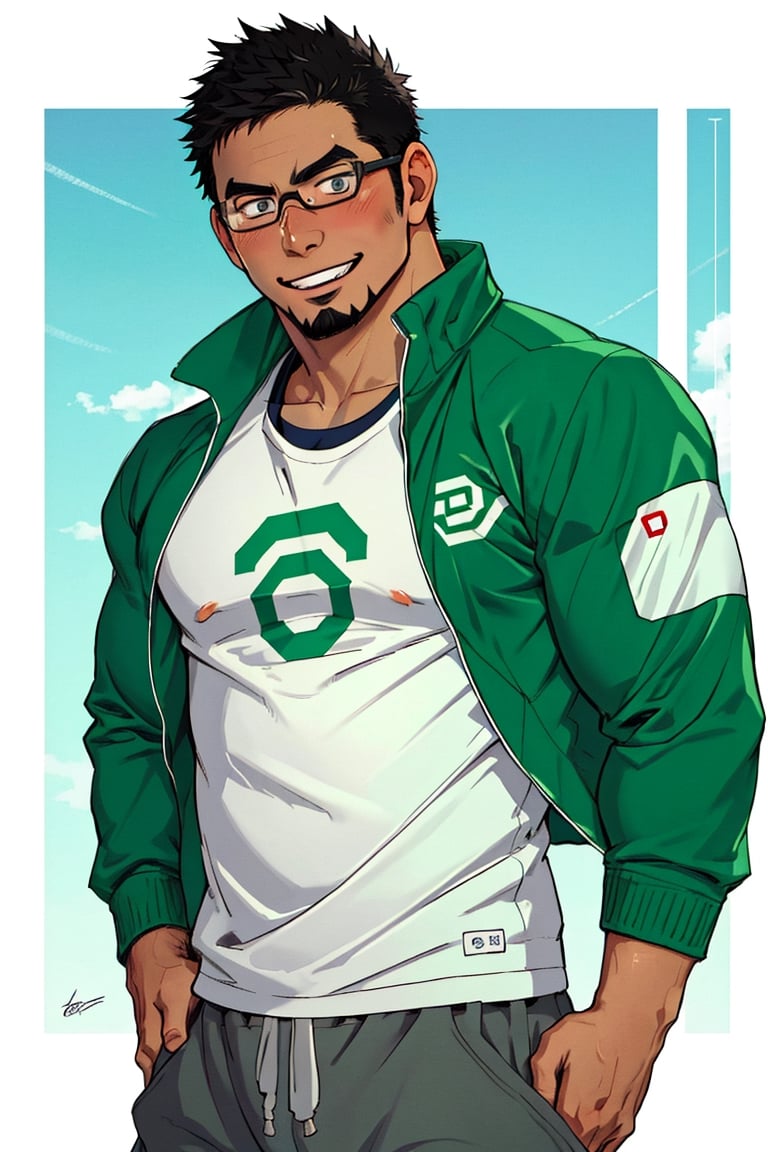 (1 image only), solo male, bara, Kyoichi Ootomo, Live A Hero, Asain, Japanese, athlete, PE teacher, short hair, black hair, green streaked hair, sideburns, black eyes, facial hair, goatee, (wore glasses), tan skin, white bandaid on nose, white t-shirt, ((pure green athletic jacket, open jacket)), grey shorts, sneakers, smile, blush, mature, handsome, charming, alluring, standing, upper body, perfect anatomy, perfect proportions, (best quality, masterpiece), (perfect eyes, perfect eye pupil), perfect hands, high_resolution, dutch angle