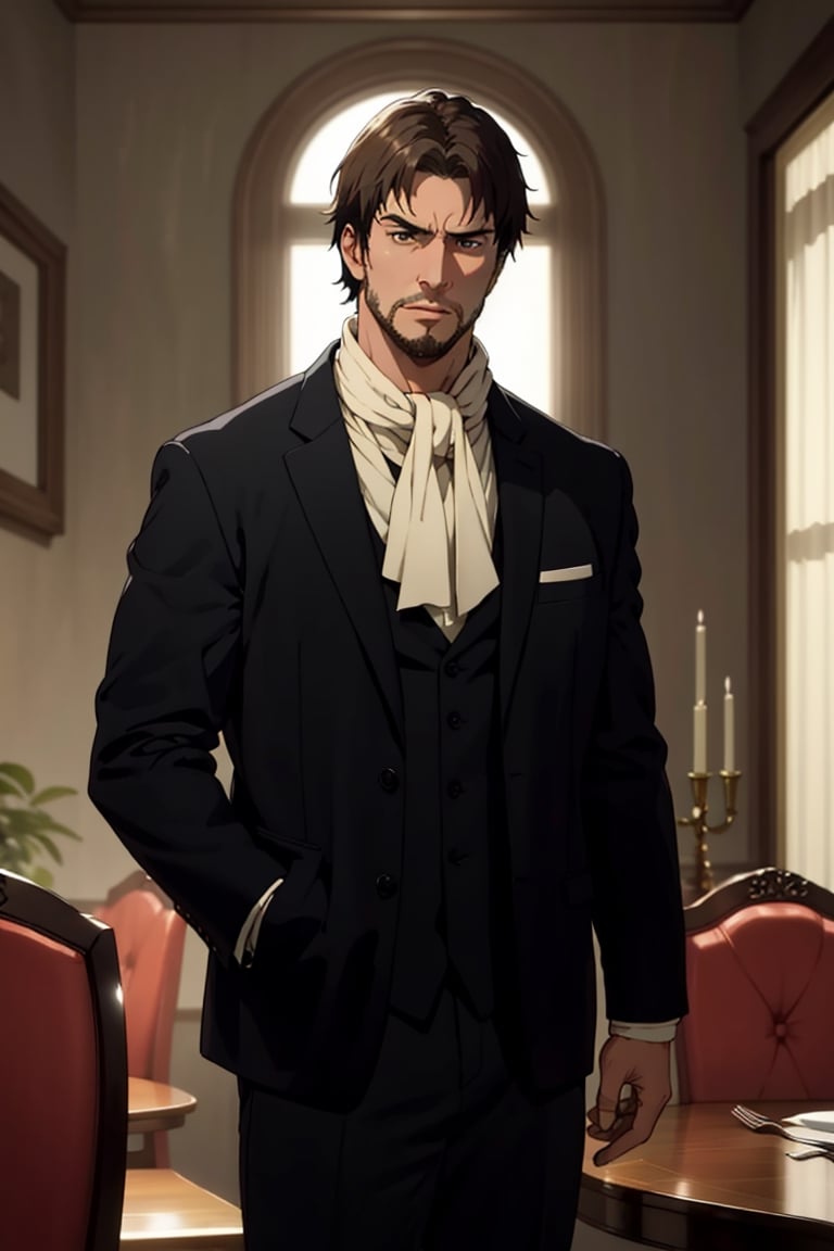 solo male, Artur Braus, shaggy brown hair, brown eyes, sideburns, stubble, 3 piect suit, white collared shirt, ((black jacket, black long jacket sleeves)), brown vest, (white cravat), black pants, middle-age, mature, handsome, charming, alluring, standing, upper body, perfect anatomy, perfect proportions, best quality, masterpiece, high_resolution, cowboy shot, photo background, vintage dining room, calm, serious,  