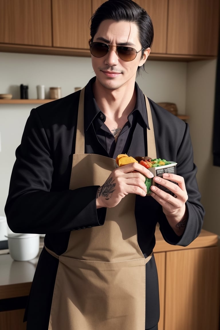 solo male, Tatsu, Japanese, househusband, yakuza, tattoos on body, black hair, slicked back hair, stubble, dark brown eyes, scar on face, casual-formal wear, dark collared shirt, black jacket, long sleeves , black pants, cream-colored apron with Shiba Inu print, (aviator sunglasses), black shoes, toned male, mature, handsome, charming, alluring, standing, grin, (holding bento, Japanese-style packed lunch), upper body, perfect anatomy, perfect proportions, best quality, masterpiece, high_resolution, dutch angle, cowboy shot, photo background, modern bright kitchen, pov, sunlight, bright background, , (perfect hands, perfect fingers), hands up