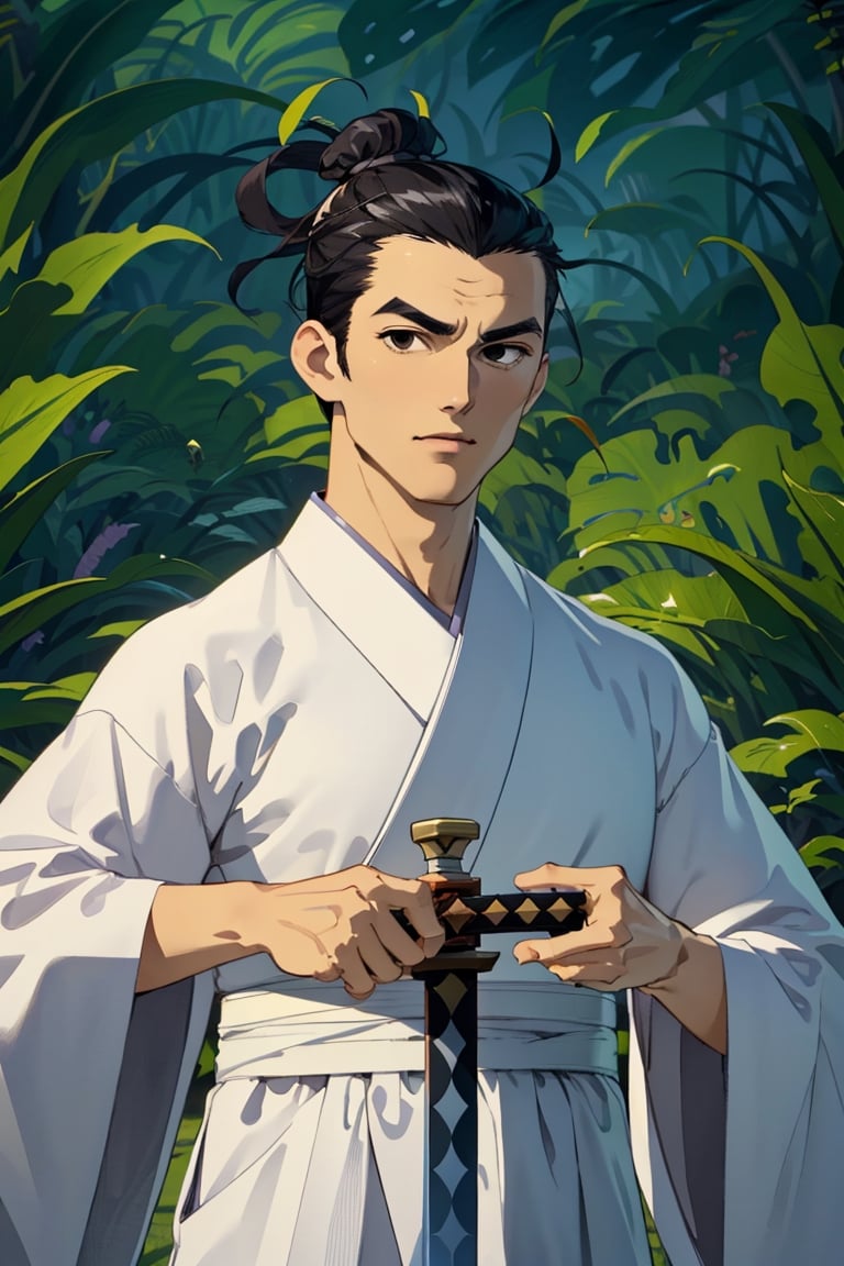 (1 image only), solo male, Samurai Jack, Cartoon Network style, Asian, Japanese, black hair, short topknot, single topknot, black eyes, geta, white kimono, white sashes, wide sleeves, mature, handsome, charming, alluring, uperfect anatomy, perfect proportions, (best quality, masterpiece), perfect hands, high_resolution, dutch angle, cowboy shot, fine art, (2d, flat), (single placket), swordup, looking at viewer, close-up,(Holding sword in front of face)