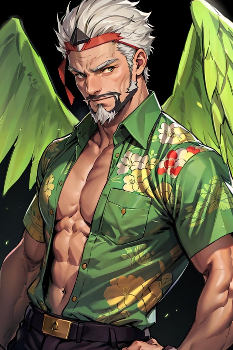 (1 image only), solo male, bara, Hogen, Tokyo Afterschool Summoners, Asain, Japanese, Tengu, old man, white hair, short hair, gold eyes, thick eyebrows, facial hair, beard, black Tokin headwear, tengu-geta, green hawaiian shirt, partially unbuttoned shirt, (((untucked shirt))), black police pants, mature, handsome, charming, alluring, standing, upper body in frame, perfect anatomy, perfect proportions, 2D, anime, (best quality, masterpiece), (perfect eyes, perfect eye pupil), high_resolution, dutch angle, Tokyo city street, better_hands, green wings