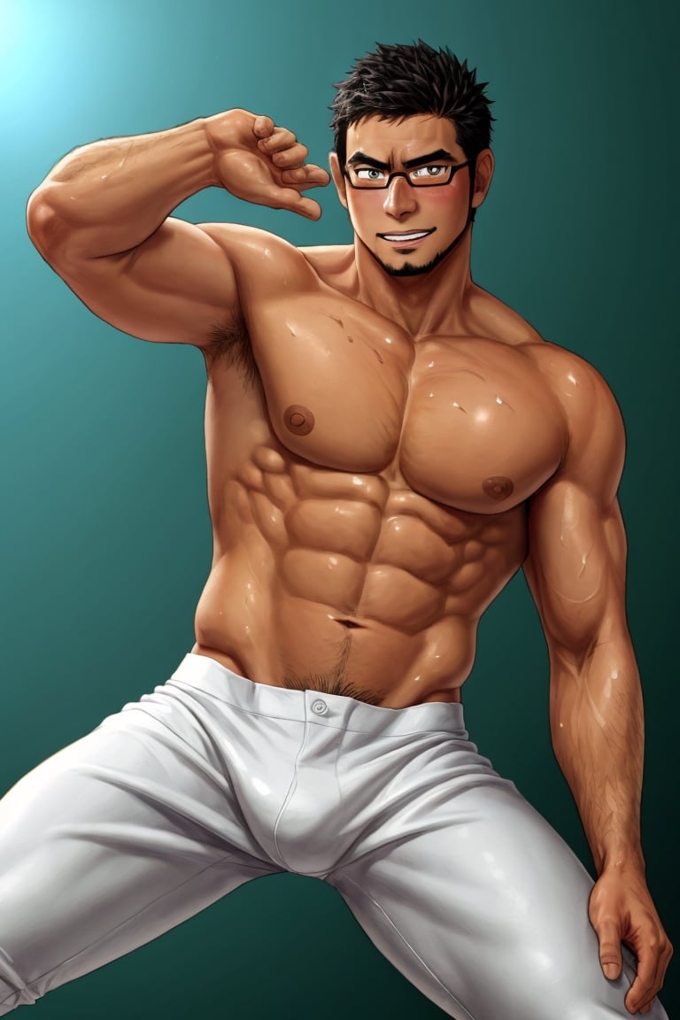 (1 image only), solo male, bara, Kyoichi Ootomo, Live A Hero, Asian, Japanese, hero, short hair, black hair, green streaked hair, sideburns, black eyes, facial hair, goatee, (wore glasses), tan skin, white bandaid on nose, glasses, (complete topless, shirtless), bare chest, bare shoulder, bare neck, bare arms, white baseball pants, shy, blush, smile, mature, handsome, charming, alluring, standing, perfect anatomy, perfect proportions, (best quality, masterpiece), (perfect eyes, perfect eye pupil:1.2), perfect hands, high_resolution, dutch angle, Baseball Players,Baseball Players, baseball field, sweaty skin, shiny skin, fighting_stance, competitive photo, studio photoshoot,masterpiece