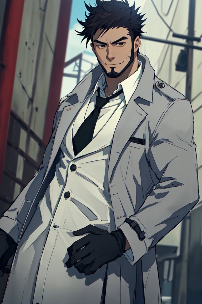 solo male, Genma Shizume, Asian, Japanese, black hair, chinstrap beard, sideburns, black eyes, calm eyes, slitty eyes, (white collared shirt, black necktie, black jacket:1.3), (brown overcoat, open overcoat:1.3), black pants, black gloves, mature, masculine, handsome, charming, allurin, smile, standing, upper body, hand on waist, perfect anatomy, perfect proportions, (best quality, masterpiece, high_resolution:1.3), perfect eyes, dutch angle, cowboy shot