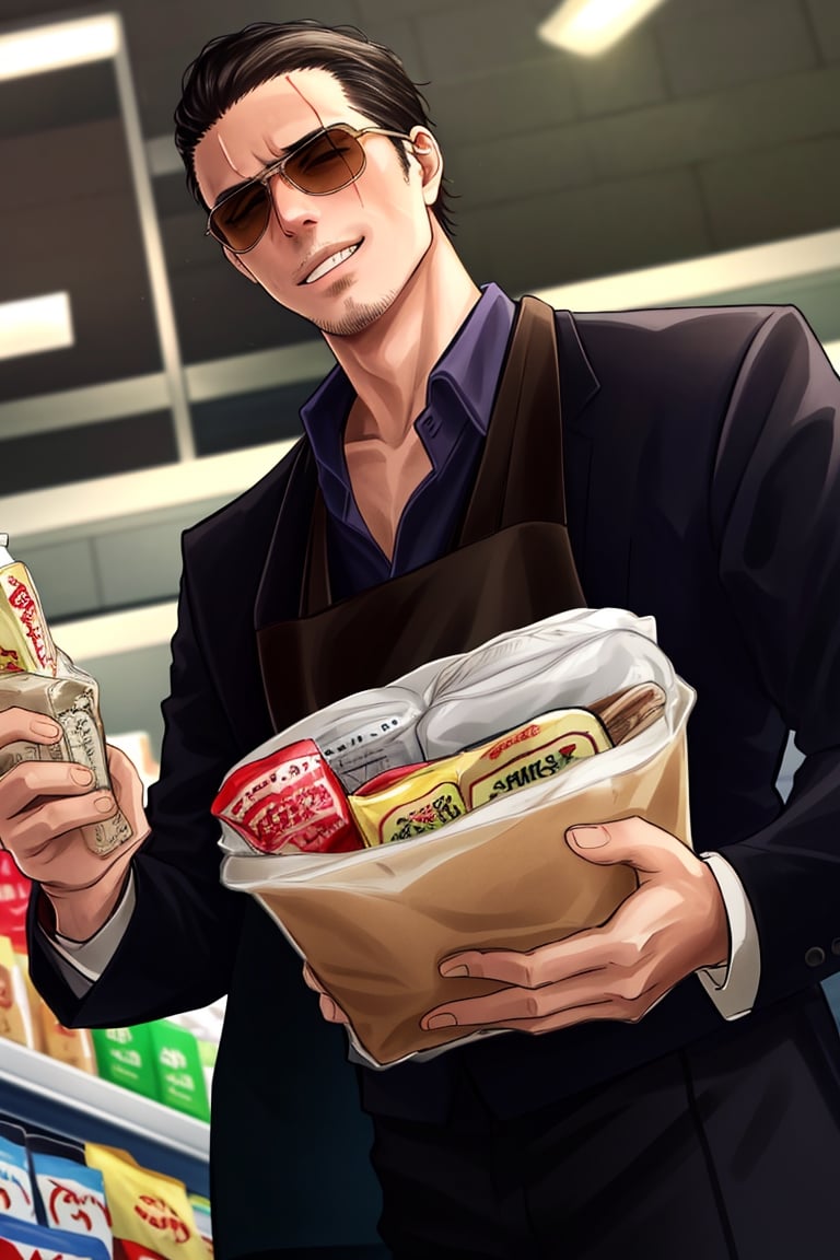 solo male, Tatsu, Japanese, househusband, yakuza, tattoos on body, black hair, slicked back hair, stubble, dark brown eyes, scar on face, casual-formal wear, dark collared shirt, black jacket, long sleeves , black pants, cream-colored apron with Shiba Inu print, aviator sunglasses, black shoes, toned male, mature, handsome, charming, alluring, grin, standing, upper body, perfect anatomy, perfect proportions, best quality, masterpiece, high_resolution, dutch angle, cowboy shot, photo background, grocery store,Tatsu