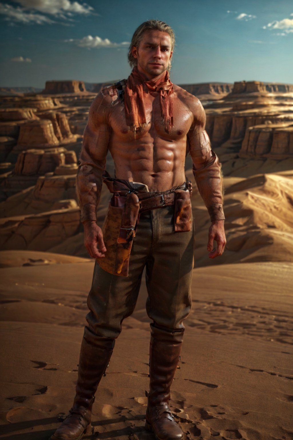 1boy, solo, Revolver Ocelot, 40 years old, grey eyes, white hair, stubble, (complete topless, shirtless:1.4), dark brown canvas pants, knee-high cowboy boots with spurs, red gloves, handsome, mature, masculine, virile, confidence, charming, alluring, upper body in frame, (Afghanistan desert:1.3), sky, perfect anatomy, perfect proportions, 8k, HQ, (best quality:1.5, hyperrealistic:1.5, photorealistic:1.4, madly detailed CG unity 8k wallpaper:1.5, masterpiece:1.3, madly detailed photo:1.2), (hyper-realistic lifelike texture:1.4, realistic eyes:1.2), high_resolution, picture-perfect face, perfect eye pupil, detailed eyes, perfecteyes, dutch angle 