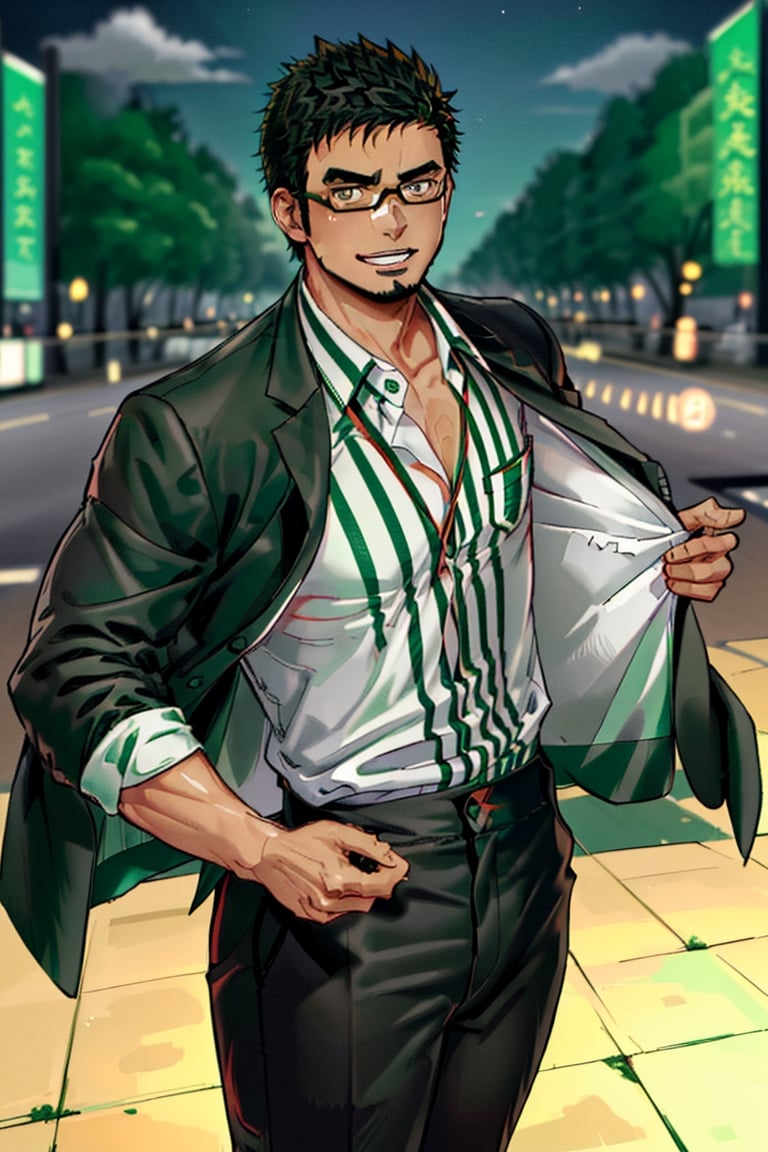 (1 image only), solo male, bara, Kyoichi Ootomo, Live A Hero, Asian, Japanese, hero, short hair, black hair, green streaked hair, sideburns, black eyes, facial hair, goatee, (wore glasses), tan skin, white bandaid on nose, glasses, (pure black jacket:1.3), (complete white/green thin striped collared shirt, tucked in shirt:1.3), black pants, black leather shoes, smile, blush, mature, handsome, charming, alluring, standing, upper body, perfect anatomy, perfect proportions, (best quality, masterpiece), (perfect eyes, perfect eye pupil), perfect hands, high_resolution, dutch angle, night at Tokyo city street