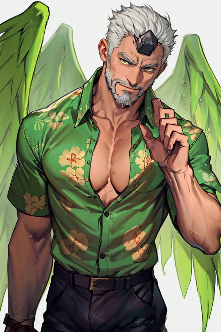 (1 image only), solo male, bara, Hogen, Tokyo Afterschool Summoners, Asain, Japanese, Tengu, old man, white hair, short hair, gold eyes, thick eyebrows, facial hair, beard, single small skin-color horn, Tokin headwear, tengu-geta, green hawaiian shirt, partially unbuttoned shirt, black police pants, mature, handsome, charming, alluring, standing, upper body in frame, perfect anatomy, perfect proportions, 2D, anime, (best quality, masterpiece), (perfect eyes, perfect eye pupil), high_resolution, dutch angle, Tokyo city street, better_hands, green wings