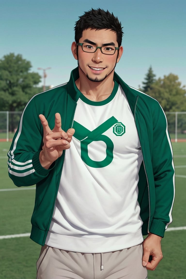 (1 image only), solo male, bara, Kyoichi Ootomo, Live A Hero, Asain, Japanese, athlete, PE teacher, short hair, black hair, green streaked hair, sideburns, black eyes, facial hair, goatee, (wore glasses), tan skin, white bandaid on nose, white t-shirt, ((pure green athletic jacket, open jacket)), grey shorts, sneakers, smile, blush, mature, handsome, charming, alluring, standing, upper body, perfect anatomy, perfect proportions, (best quality, masterpiece), (perfect eyes, perfect eye pupil), perfect hands, high_resolution, dutch angle, school sports ground,(1man),best quality