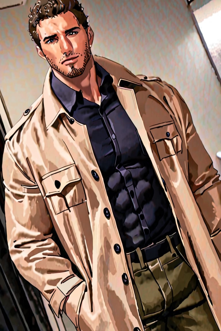 solo male, Reiner Braun, blond hair, short hair, facial hair, stubble, hazel eyes, tall, Marleyan soldier uniform, (pire white collared shirt:1.3), light-brown trench coat, (open coat:1.1), military green pants, black combat boots,  handsome, charming, alluring, standing, upper body, perfect anatomy, perfect proportions, best quality, masterpiece, high_resolution, dutch angle, cowboy shot, photo background,Reiner Braun