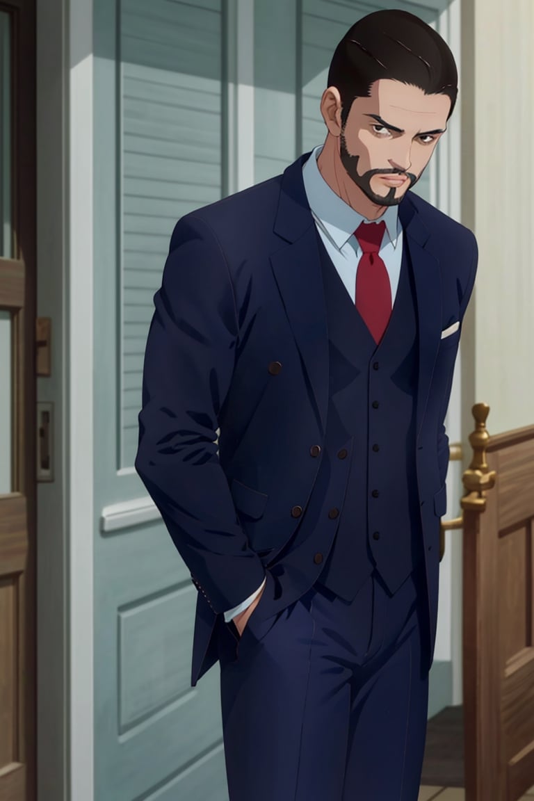 solo male, Maeda, Asobi Asobase, butler, black hair, short hair, black eyes, facial hair, dark blue 3 Piece Suit, formal, white collared shirt, red necktie, dark blue vest, dark blue jacket, dark blue pants, mature, handsome, charming, alluring, calm, polite, standing, upper body, perfect anatomy, perfect proportions, best quality, masterpiece, high_resolution, dutch angle, cowboy shot, photo background