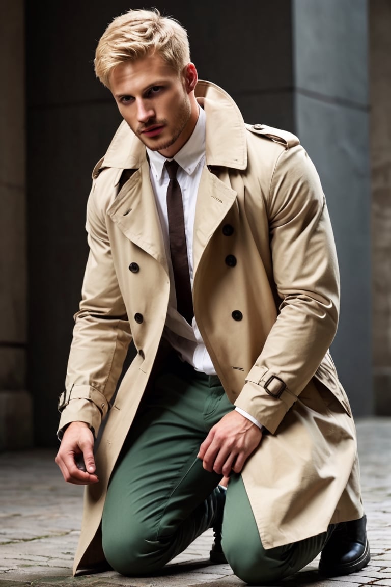 Gay man,  score_9,score_8_up,score_7_up, male receiver Reiner Braun, blond hair, short hair, stubble, facial hair, hazel eyes, (white collared shirt, shirt exposed), (light-brown-trench-coat, long-coat), (open-trench-coat, unbutton-trench-coat), dark-green-pants, combat boots, perfect anatomy, kneeling, masterpiece,