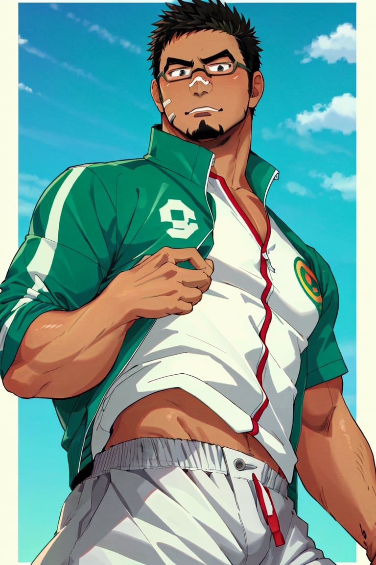 (1 image only), solo male, bara, Kyoichi Ootomo, Live A Hero, Asain, Japanese, athlete, PE teacher, short hair, black hair, streaked hair, sideburns, black eyes, facial hair, goatee, (wore glasses), tan skin, white bandaid on nose, white shirt, ((pure green athletic jacket, open jacket)), grey shorts, sneakers, mature, handsome, charming, alluring, standing, upper body, perfect anatomy, perfect proportions, 2D, anime, (best quality, masterpiece), (perfect eyes, perfect eye pupil), perfect hands, high_resolution, dutch angle