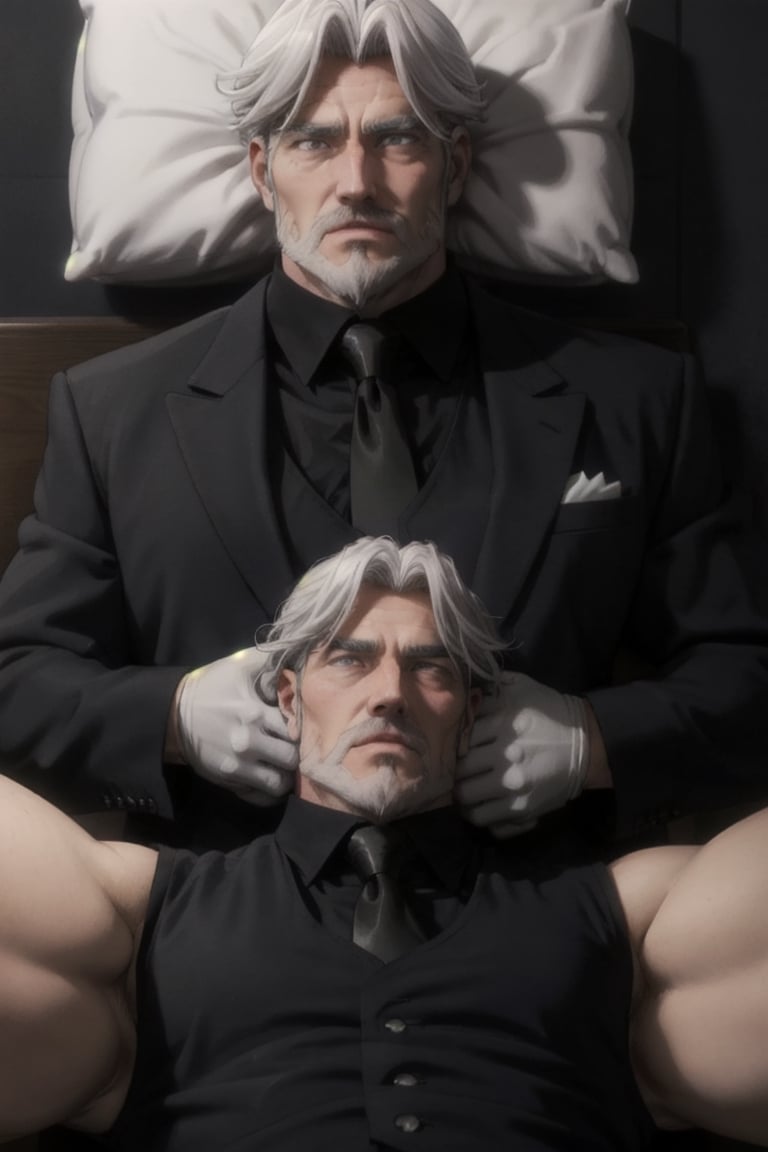 Sebas Tian, old man, hair_slicked, grey eyes, grey hair, grey beard, black tailcoat, black collared shirt ,gray necktie, white glove, arm rised, upper body, (lying on bed, on back, spread legs), masculine, handsome, charming, alluring, blush, perfect eyes, perfect anatomy, perfect proportions, perfecteyes