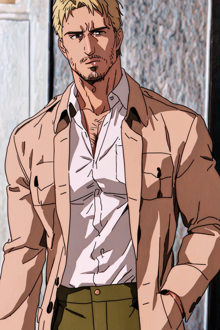 solo male, Reiner Braun, blond hair, short hair, facial hair, stubble, hazel eyes, tall, Marleyan soldier uniform, (pire white collared shirt:1.3), light-brown trench coat, (open coat:1.1), military green pants, black combat boots,  handsome, charming, alluring, standing, upper body, perfect anatomy, perfect proportions, best quality, masterpiece, high_resolution, dutch angle, cowboy shot, photo background,Reiner Braun