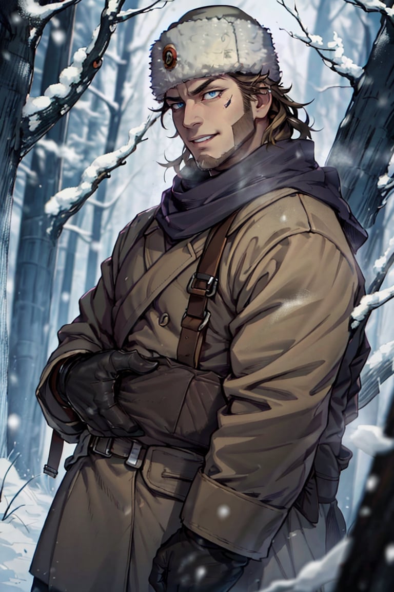 (human), (1 image only), solo male, Vasily Pavlichenko, Golden Kamuy, Russian, sniper, brown hair, blue eyes, sharp eyes, defined eyelashes, furrowed brow, grin, wavy medium-length hair, bold sideburns, short and neat Shenandoah beard, lightly-colored coat, dark gloves, scarf, pants, boots, crossbody bag, handsome, charming, alluring, standing, upper body in frame, perfect anatomy, perfect proportions, 2d, anime, (best quality, masterpiece), (perfect eyes, perfect eye pupil), high_resolution, dutch angle, snowy forest, better_hands, tall wool cap, papakha, ushanka