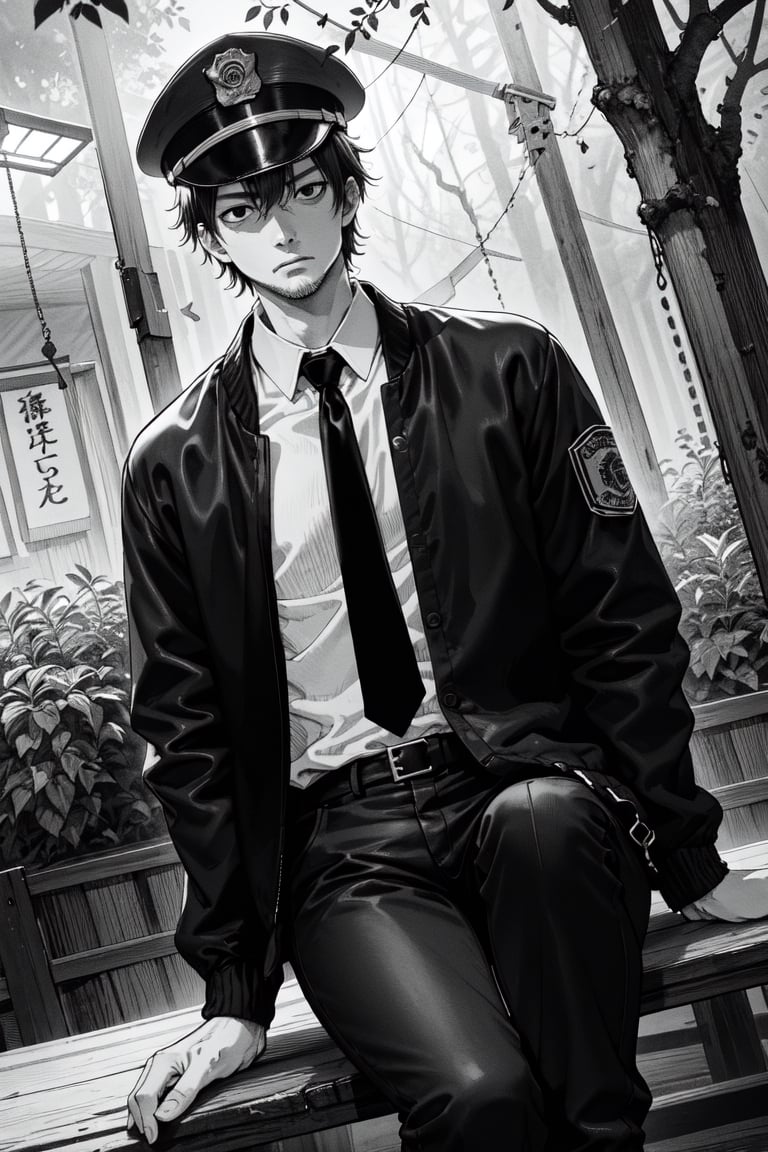 (1 image only), solo male, Agawa Daigo, Gannibal, Asian ,Japanese, black hair, short hair, (stubble), black eyes, policeman, white collared shirt, dark blue necktie, black jacket, long sleeves, buttoned up jacket, dark blue pants, black shoes, Japanese police peaked cap, mature, handsome, charming, alluring, perfect anatomy, perfect proportions, (best quality, masterpiece), (perfect eyes), perfect hands, high_resolution, dutch angle, cowboy shot, rural .pastoral, forest, creep, suspense, horror, manga, greyscale, monochrome