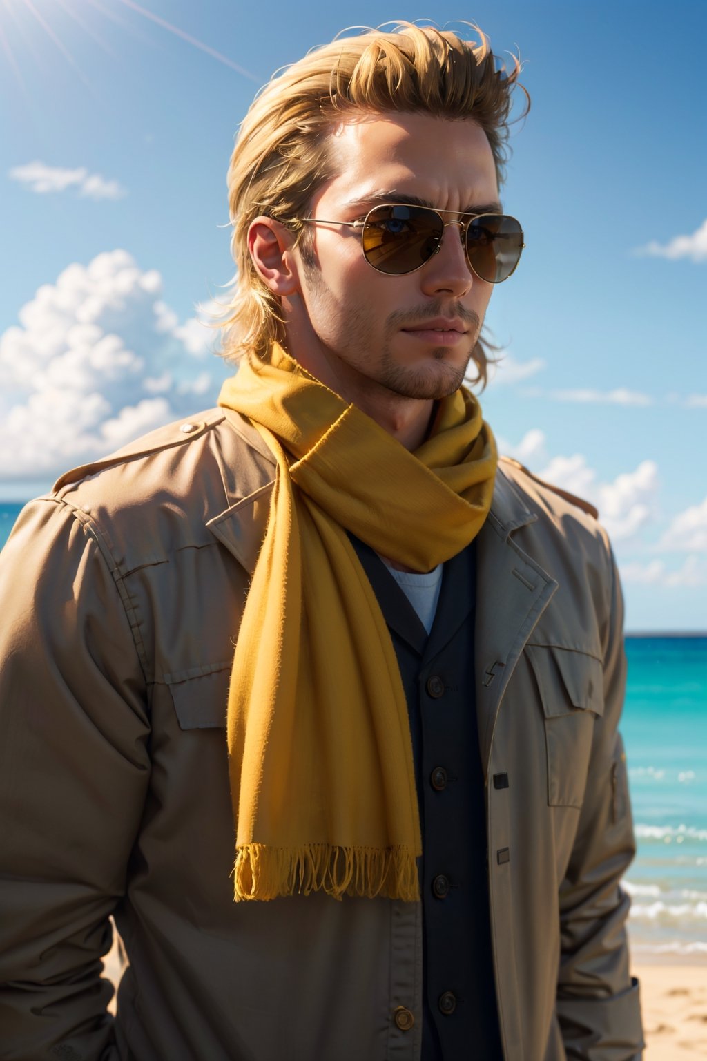 Kazuhira Miller, blue eyes, blond hair, (shaved face:1.2), wore aviator sunglasses, guerrilla outfit, (yellow scarf), fit body, handsome, charming, alluring, smile, intense gaze, (standing), (upper body in frame), costa rica beach location, sky, perfect light, perfect anatomy, perfect proportions, perfect perspective, 8k, HQ, (best quality:1.2, hyperrealistic:1.2, photorealistic:1.2, madly detailed CG unity 8k wallpaper:1.2, masterpiece:1.2, madly detailed photo:1.2), (hyper-realistic lifelike texture:1.2, realistic eyes:1.2), picture-perfect face, perfect eye pupil, detailed eyes, realistic, HD, UHD, front view