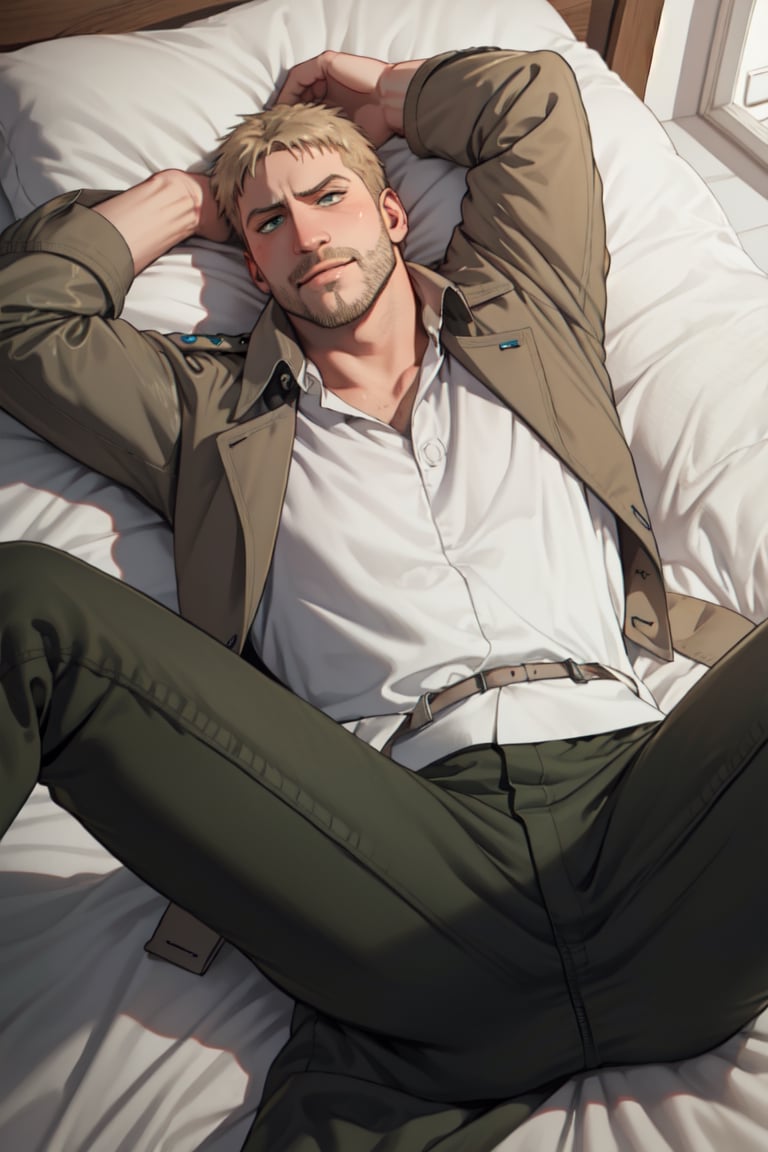 reiner_braun  1boy, solo, (extremely detailed CG unity 8k wallpaper), (masterpiece), (best quality), (ultra-detailed), (best illustration), (best shadow), upper body, (lying on bed, on back, spread legs), masculine, stubble, handsome, charming, alluring, smirk, awkward, shy, blush, perfect eyes, white collared shirt, (widely open tan trench coat), (military green pants), perfect anatomy, perfect proportions, reiner braun, perfecteyes, arms rised