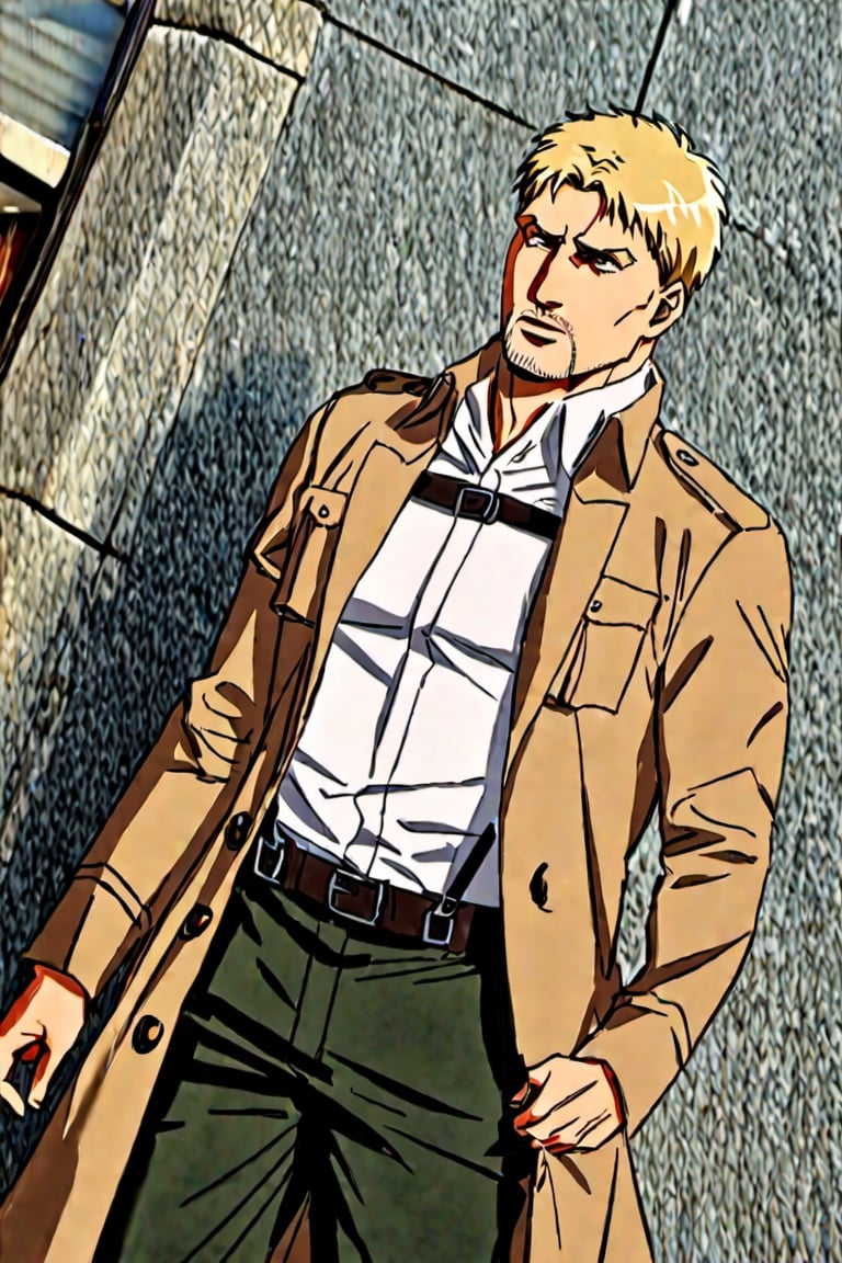 solo male, Reiner Braun, Attack on Titan, blond hair, short hair, stubble, hazel eyes, tall, Marleyan soldier uniform, white collared shirt, light-brown trench coat, (open coat:1.1), military green pants, black combat boots,  handsome, charming, alluring, standing, upper body, perfect anatomy, perfect proportions, best quality, masterpiece, high_resolution, dutch angle, cowboy shot, photo background