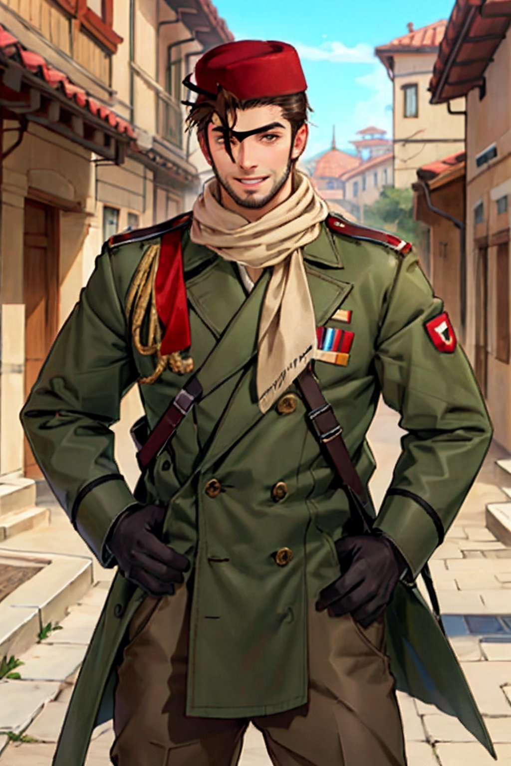 (1 image only), (solo male), 1boy, Sadik Adnan, Turkey, Hetalia: Axis Powers, Turkish male, olive-skinned, facial hair, chinstrap stubble, sideburns, (white eyemask:1.2), brown hair, short hair, grin, (tan scarf), (red fez hat), long green military trench coat, brown pants, knee-high boots, black gloves, handsome, mature, charming, alluring, upper body, perfect anatomy, perfect proportions, 8k, HQ, (best quality:1.2, hyperrealistic:1.2, photorealistic:1.2, masterpiece:1.3, madly detailed photo:1.2), (hyper-realistic lifelike texture:1.2, realistic eyes:1.2), high_resolution, perfect eye pupil, (standing), perfecteyes, Hagia sophia loction, Istanbul building, better_hands, perfecteyes