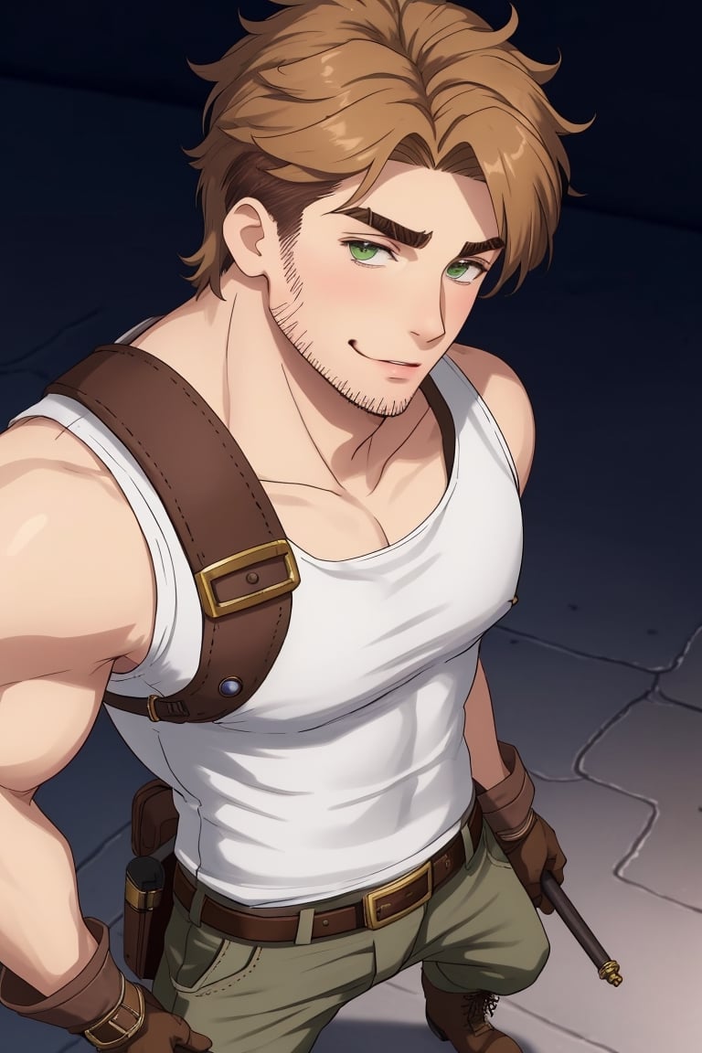 (1 image only), solo male, Gagumber, Sakugan, physical laborer worker, brown hair, two-tone hair, stubble, green eyes, thick eyebrows, ((white tank top)) , bare shoulder, bare neck, green work pants, black boots, black gloves, mature, handsome, charming, alluring, smile, blush, ((portrait, close-up)), perfect anatomy, perfect proportions, high_resolution, detailed background, steampunk city