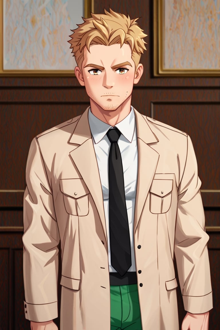 solo male, Reiner Braun, blond hair, short hair, facial hair, stubble, hazel eyes, thin eyebows, tall, fit, (pire white collared shirt:1.3), light-brown trench coat, (open coat:1.2), military green pants, black combat boots,  handsome, charming, alluring, standing, upper body, perfect anatomy, perfect proportions, best quality, masterpiece, high_resolution, dutch angle, cowboy shot, photo background,Reiner Braun,score_9_up
