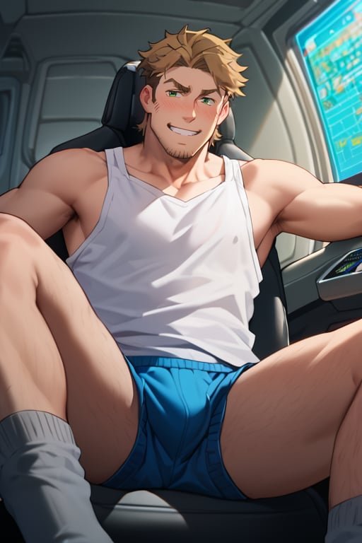 score_9, score_8_up, score_7_up, score_6_up, perfect anatomy, perfect proportions, best quality, masterpiece, high_resolution, high quality, solo male, Gagumber \(Sakugan\), brown hair, two-tone hair, sideburns, facial hair, stubble, green eyes, thick eyebrows, white tank top, blue bengal stripe boxer, loose boxer, grey socks, bare tights, bare legs, legs hair, leg_spread, sitting, blush, grin, mecha cockpit, operator's seat, holding mecha joystick, multiple monitor screen, science fiction, adult, mature, masculine, manly, handsome, charming, alluring, upper body, dutch angle, from below