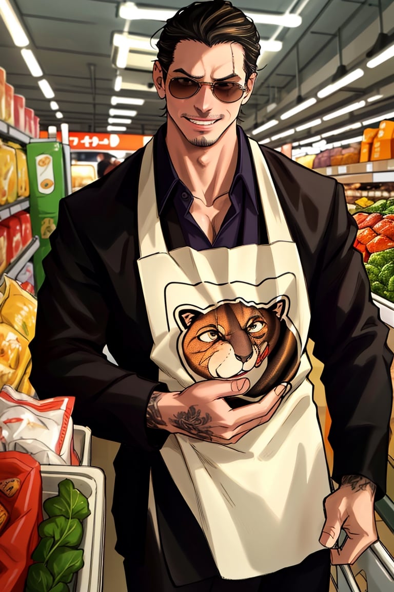 solo male, Tatsu, Japanese, househusband, yakuza, tattoos on body, black hair, slicked back hair, stubble, dark brown eyes, scar on face, casual-formal wear, dark collared shirt, black jacket, long sleeves , black pants, cream-colored apron with Shiba Inu print, aviator sunglasses, black shoes, toned male, mature, handsome, charming, alluring, grin, standing, upper body, perfect anatomy, perfect proportions, best quality, masterpiece, high_resolution, dutch angle, cowboy shot, photo background, grocery store,Tatsu