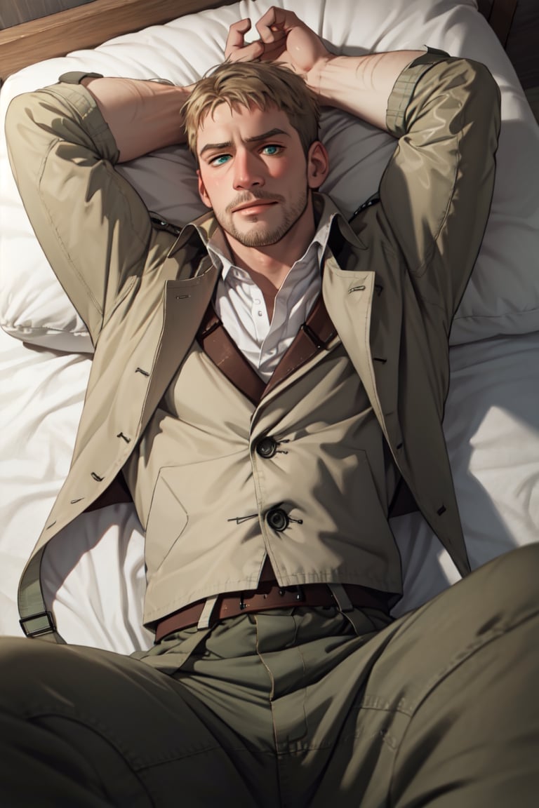 reiner_braun  1boy, solo, (extremely detailed CG unity 8k wallpaper), (masterpiece), (best quality), (ultra-detailed), (best illustration), (best shadow), upper body, (lying on bed, on back, spread legs), masculine, stubble, handsome, charming, alluring, smirk, awkward, shy, blush, perfect eyes, white collared shirt, (widely open tan trench coat), (military green pants), perfect anatomy, perfect proportions, perfecteyes, arms rised