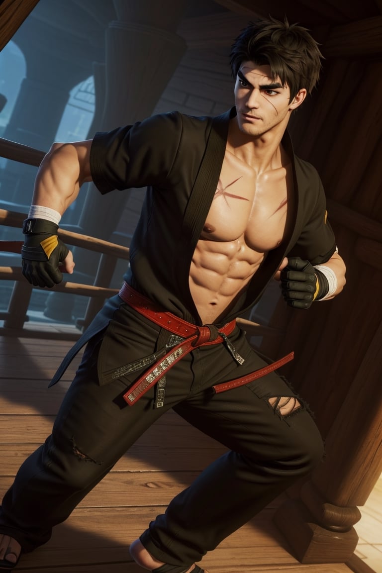 solo male, Grappler, Dungeon Fighter Online, black hair, short hair, brown eyes, thick eyebrows, forked eyebrows, stubble, green eyes, scars on face, scar on cheek, scar on chest, pectorals, pectoral cleavage, rn black dougi, black pants, red martial arts belt, yellow fingerless gloves, barefoot, bandaged hand, toned male, mature, handsome, charming, alluring, serious, fighting stance, upper body, perfect anatomy, perfect proportions, (perfect eyes), best quality, masterpiece, high_resolution, dutch angle, cowboy shot, photo background