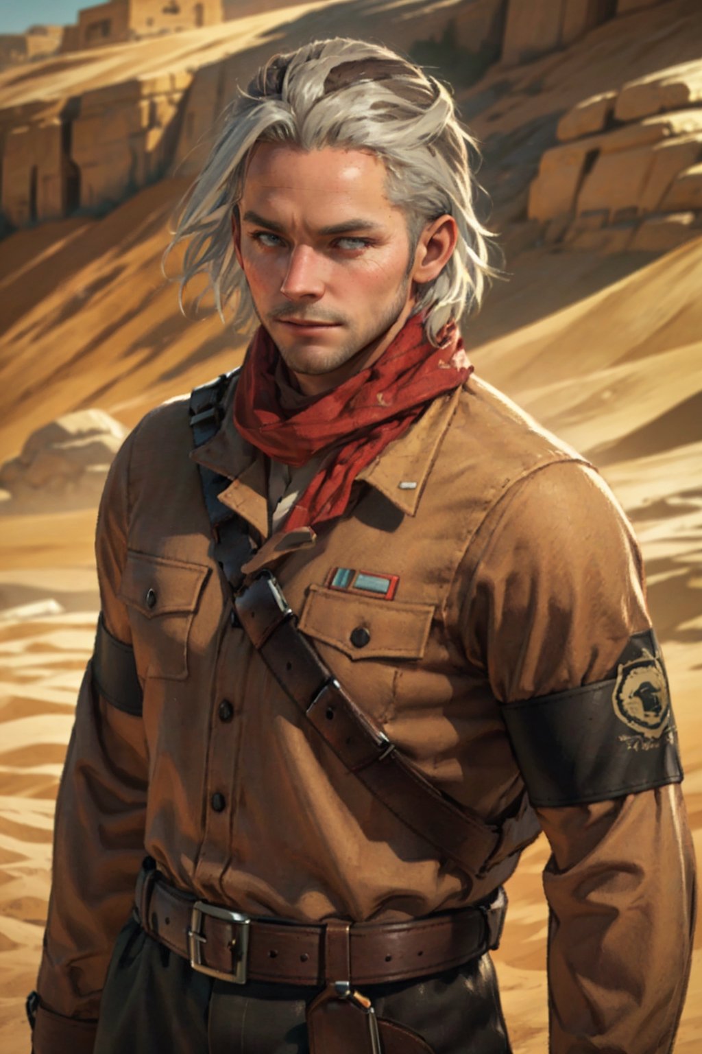 1boy, solo, Revolver Ocelot, 40 years old, grey eyes, white hair, stubble, topless, shirtless, dark brown canvas pants, knee-high cowboy boots with spurs, red gloves, brown leather bandolier, belt, holster, handsome, mature, masculine, virile, confidence, charming, alluring, upper body in frame, (Afghanistan desert:1.3), sky, perfect anatomy, perfect proportions, 8k, HQ, (best quality:1.5, hyperrealistic:1.5, photorealistic:1.4, madly detailed CG unity 8k wallpaper:1.5, masterpiece:1.3, madly detailed photo:1.2), (hyper-realistic lifelike texture:1.4, realistic eyes:1.2), high_resolution, picture-perfect face, perfect eye pupil, detailed eyes,  perfecteyes, perfecteyes, dutch angle, dynamic