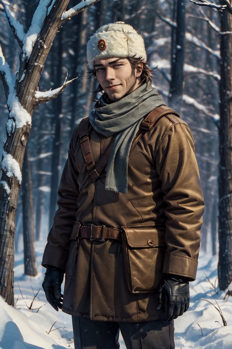 (human), (1 image only), solo male, Vasily Pavlichenko, Golden Kamuy, Russian, sniper, brown hair, blue eyes, sharp eyes, defined eyelashes, furrowed brow, grin, wavy medium-length hair, bold sideburns, short and neat Shenandoah beard, lightly-colored coat, dark gloves, scarf, pants, boots, crossbody bag, handsome, charming, alluring, standing, upper body in frame, perfect anatomy, perfect proportions, 2d, anime, (best quality, masterpiece), (perfect eyes, perfect eye pupil), high_resolution, dutch angle, snowy forest, better_hands, tall wool cap, papakha, ushanka,fantasy art