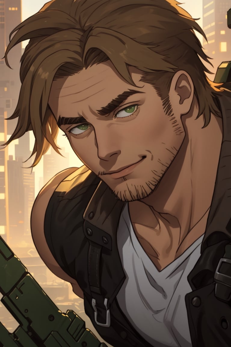 (1 image only), solo male, Gagumber, Sakugan, physical laborer worker, brown hair, two-tone hair, stubble, green eyes, thick eyebrows, (white tank top), , green work pants, black boots, black gloves, mature, handsome, charming, alluring, smile, ((portrait, close-up)), perfect anatomy, perfect proportions, high_resolution, dutch angle, detailed background, cyberpunk city
