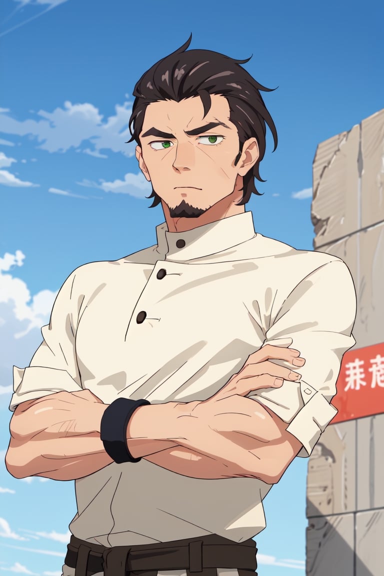 (1 image only), solo male, Kaburagi, Deca Dence, greying black hair, slicked back hair, thick eyebrows, sideburns, goatee, green eyes, scar, tucked-in wide necked short-sleeved white shirt, sleeves tucked up and buttoned, short sleeves, olive wide pants, brown boots. black belt tied. leather bracelet, toned male, mature, handsome, charming, alluring, (arms crossed), upper body, perfect anatomy, perfect proportions, best quality, masterpiece, high_resolution, dutch angle, cowboy shot, outdoors, day, blue sky, science fiction, photo background, (Hands:1.1), better_hands, perfect fingers