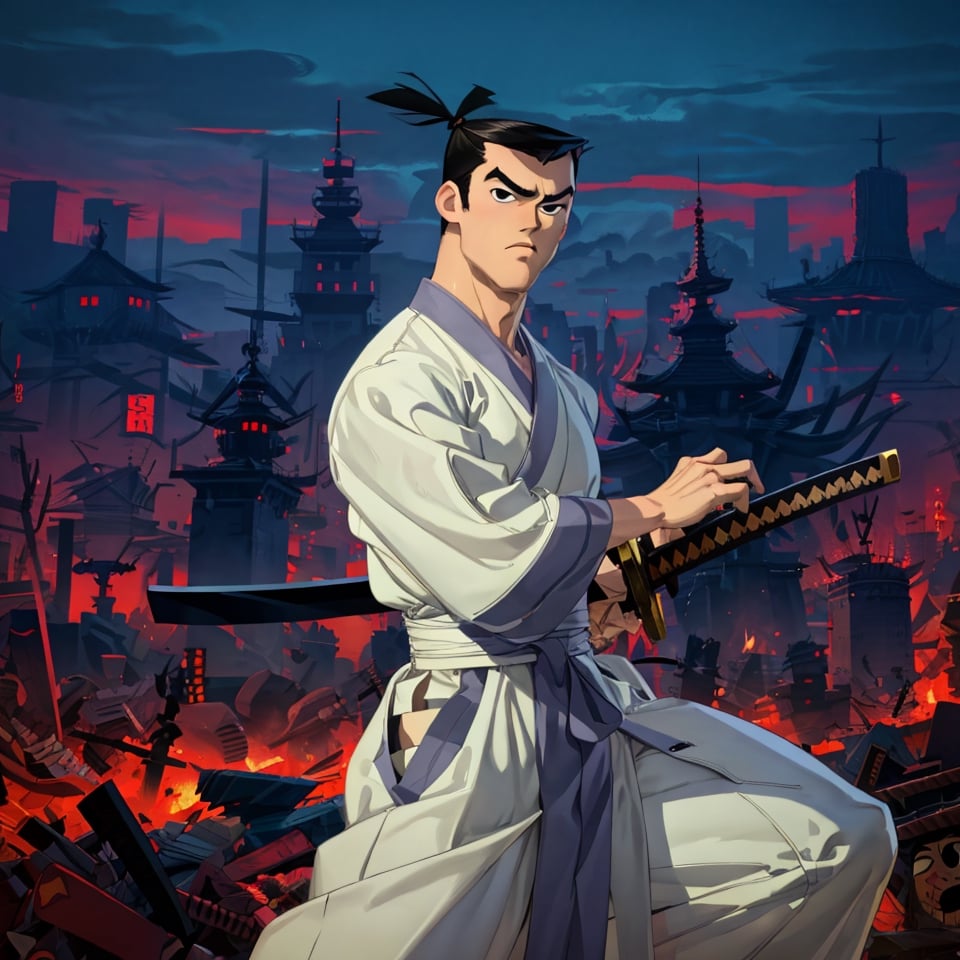 (1 image only), solo male, Samurai Jack, Cartoon Network style, Asian, Japanese, intense gaze, black hair, short topknot, black eyes, geta, white kimono, white sashes, wide sleeves, mature, handsome, charming, alluring, uperfect anatomy, perfect proportions, (best quality, masterpiece), (perfect hands), high_resolution, dutch angle, cowboy shot, fine art, (2d, flat), (single placket),  fighting_stance, holding sword, (perfect sword), battoujutsu, red and black cityscape