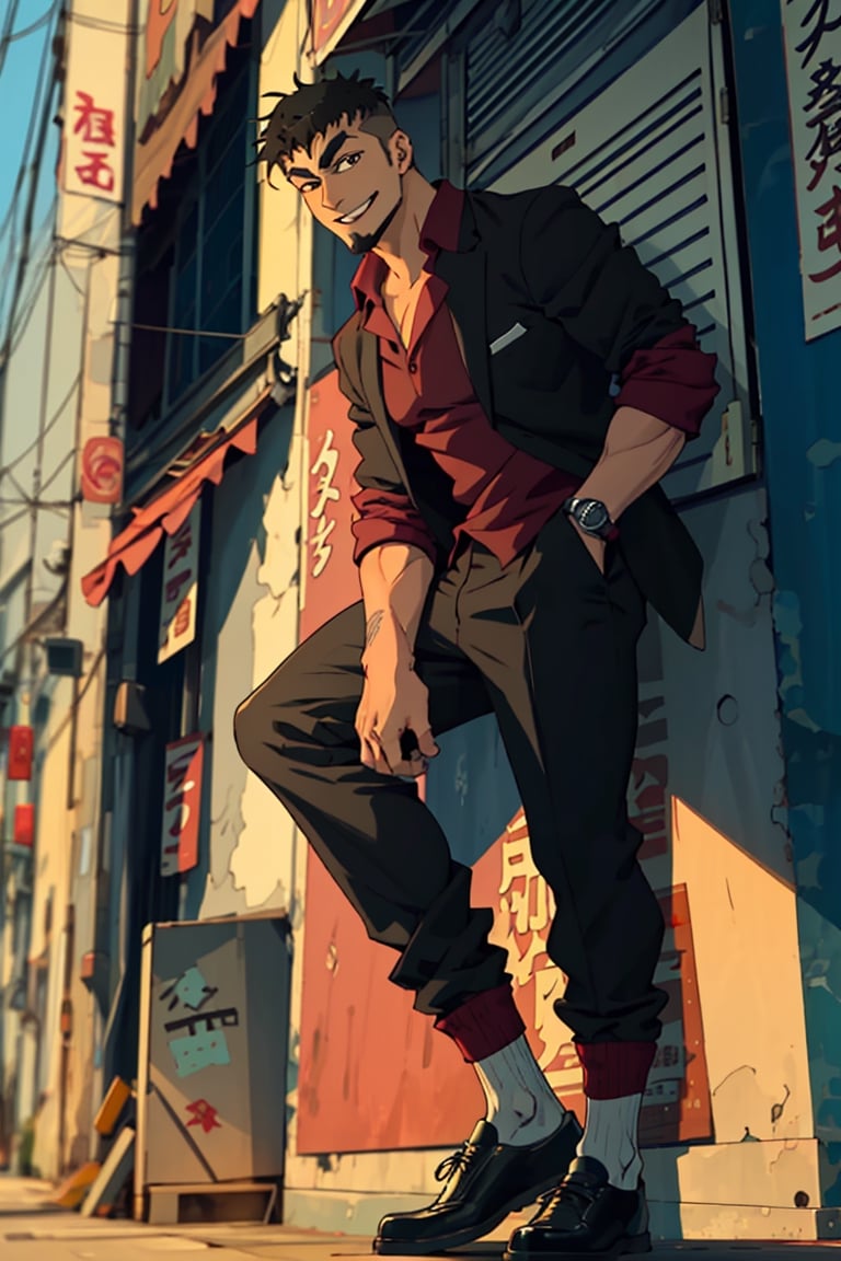 (1 image only), solo male, Jay Chiang, Great Pretender Razbliuto, Asian, Taiwanese, modern Taipei city, 2d, anime, flat, black hair, short hair, high fade, goatee, thick eyebrows, brown eyes, silver glasses, (pure red collared shirt, red sleeves rolled up:1.2), suit pants, socks, leather shoes, smile, mature, handsome, charming, alluring, portrait, perfect anatomy, perfect proportions, (best quality, masterpiece), (perfect eyes:1.2), perfect hands, high_resolution, dutch angle 