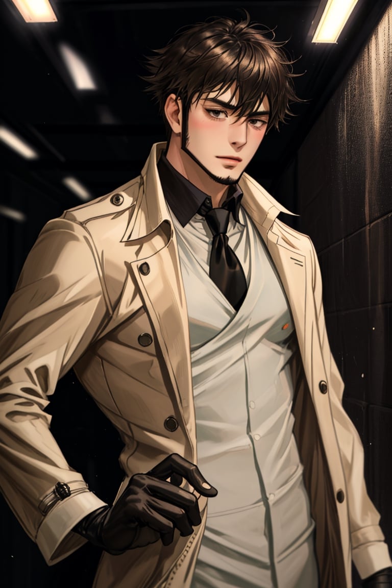 solo male, Genma Shizume, Asian, Japanese, black hair, chinstrap beard, sideburns, black eyes, calm eyes, slitty eyes, intense gaze, blush, shy, (dress in layers), 3 Piece Suit, white collared shirt, black necktie, black suit jacket, , (light brown trench coat, open trench coat:1.2), black pants, black gloves, mature, masculine, handsome, charming, allurin, smile, upper body, perfect anatomy, perfect proportions, (best quality, masterpiece, high_resolution:1.3), (perfect eyes, perfecteyes:1.3)