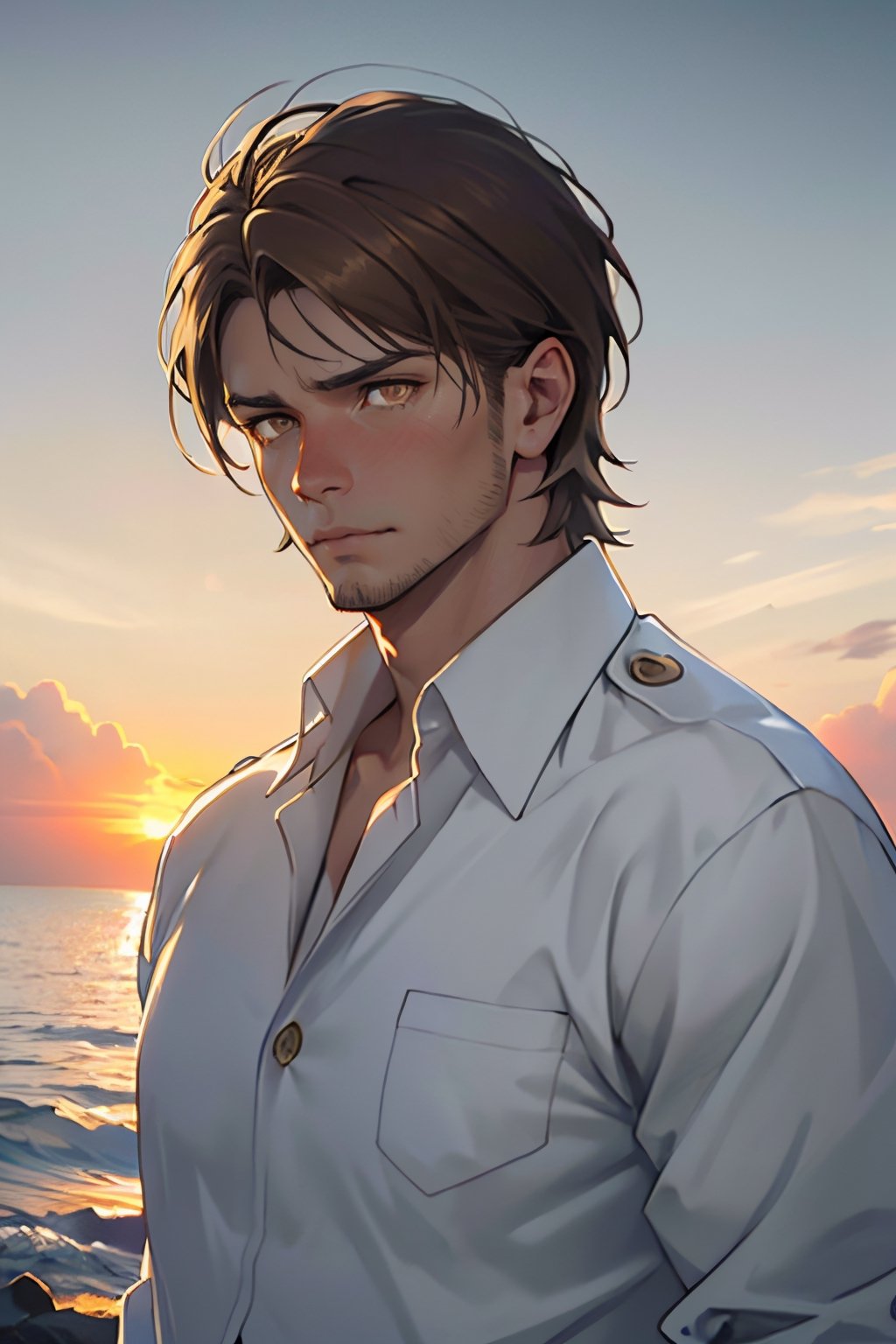 jean_kirstein(brown hair, short hair, stubble, bare forehead:1.2), (light brown eyes:1.4), fit body, (wearing pure white collared shirt, button up shirt:1.3), military green pants, black combat boots:1.2), roll up sleeve, manly, bulky, charming, alluring, dejected, depressed, sad, (standing), (upper body in frame), simple background(1910s harbor, sunset on ocean, endless ocean, nightfall), backlight, orange sky, perfect light, only 1 image, perfect anatomy, perfect proportions, perfect perspective, 8k, HQ, (best quality:1.5, hyperrealistic:1.5, photorealistic:1.4, madly detailed CG unity 8k wallpaper:1.5, masterpiece:1.3, madly detailed photo:1.2), (hyper-realistic lifelike texture:1.4, realistic eyes:1.2), picture-perfect face, detailed eyes, realistic, HD, UHD, front view, tear in eyes