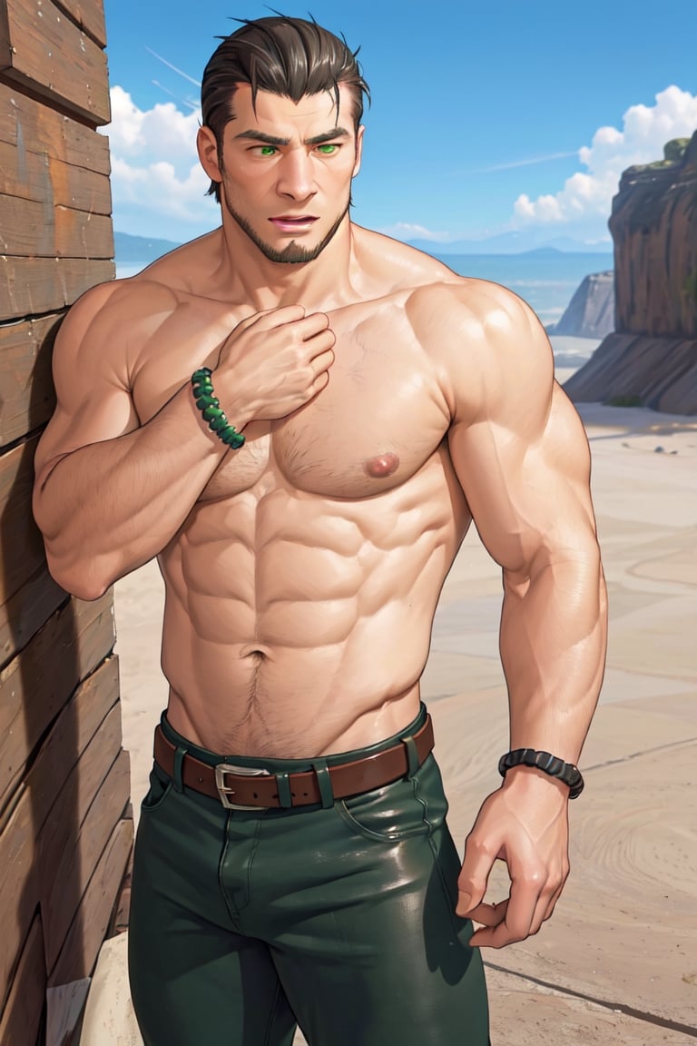 (1 image only), solo male, Kaburagi, Deca Dence, greying black hair, slicked back hair, thick eyebrows, sideburns, goatee, green eyes, scar, topless, shirtless, olive wide pants, brown boots. leather bracelet, toned male, mature, handsome, charming, alluring, blush, upper body, perfect anatomy, perfect proportions, best quality, masterpiece, high_resolution, dutch angle, cowboy shot, outdoors, day, blue sky, science fiction, photo background, (Hands:1.1), better_hands, (perfect 
 hand, perfect fingers), (1man)