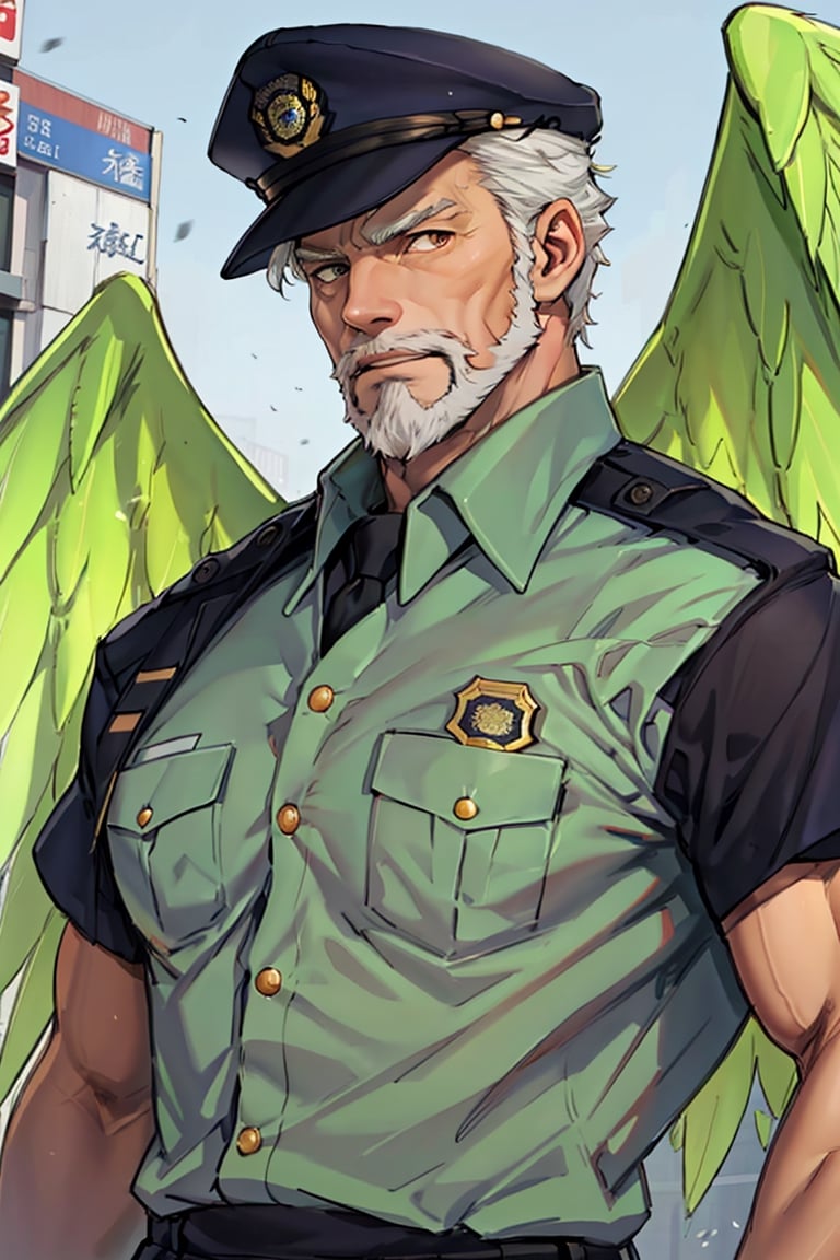 (1 image only), solo male, bara, Hogen, Tokyo Afterschool Summoners, Asain, Japanese, Tengu, old man, white hair, short hair, gold eyes, thick eyebrows, white facial hair, white beard, (black Tokin headwear, tengu-geta), Japanese police uniform, Japanese police hat, aqua-color collared shirt, mature, handsome, charming, alluring, standing, upper body in frame, perfect anatomy, perfect proportions, 2D, anime, (best quality, masterpiece), (perfect eyes, perfect eye pupil), high_resolution, dutch angle, (Tokyo city street), better_hands, green wings