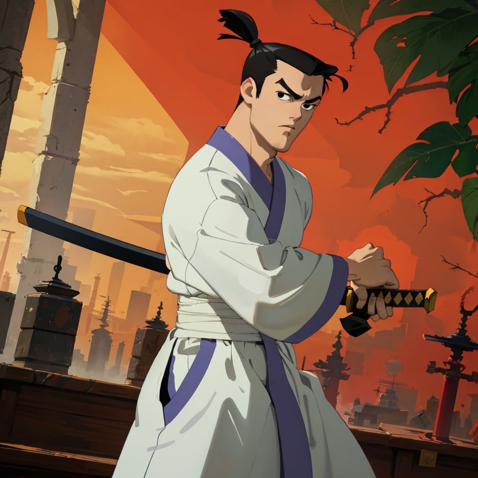 (1 image only), solo male, Samurai Jack, Cartoon Network style, Asian, Japanese, black hair, topknot, black eyes, geta, white kimono, white sashes, wide sleeves, mature, handsome, charming, alluring, uperfect anatomy, perfect proportions, (best quality, masterpiece), perfect hands, high_resolution, dutch angle, cowboy shot, fine art, (2d, flat), (single placket),  fighting_stance, holding sword,battoujutsu